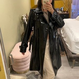 DVF black patent leather midi belted trench coat